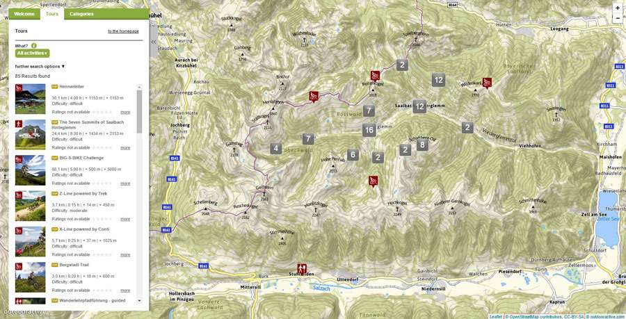 Interactive overview map with bike tours in Saalbach