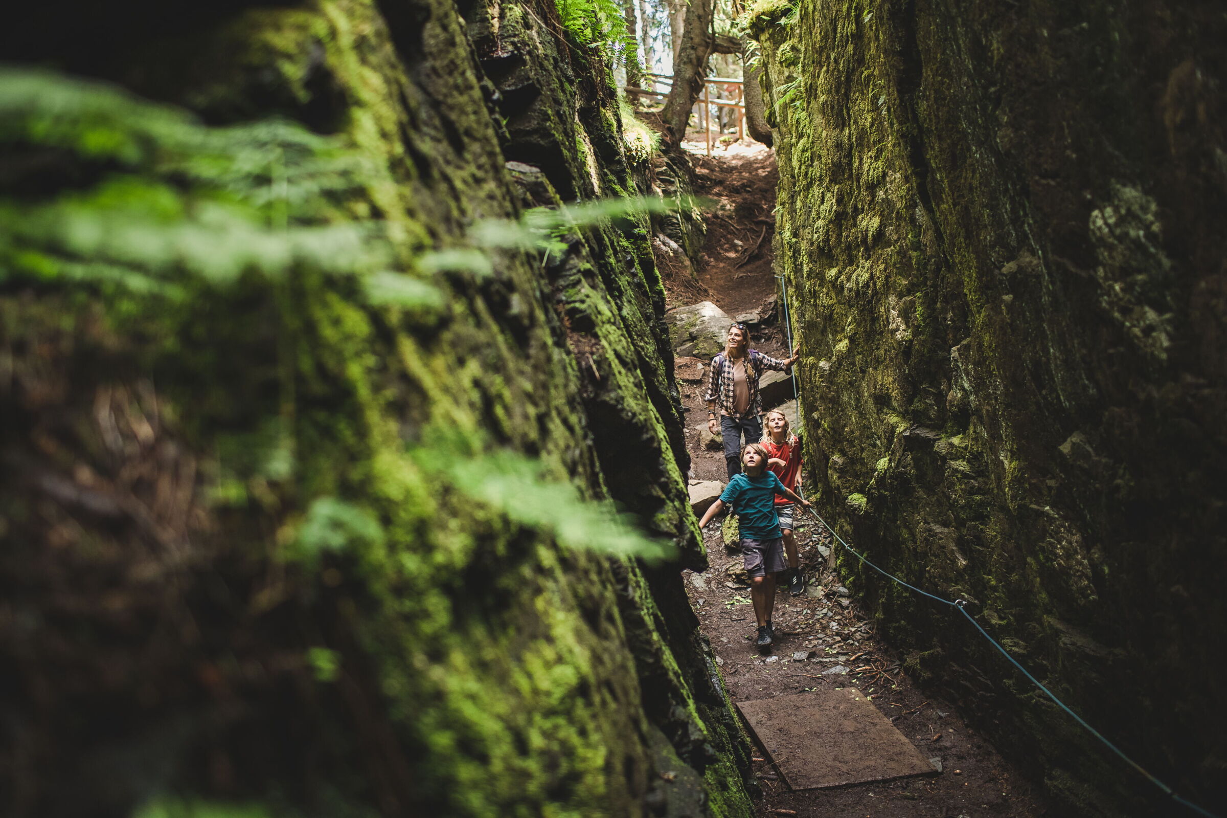 Eine Mutter mit zwei Kindern wandert durch eine bemooste Schlucht