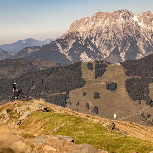 Ein Fahrradfahrer auf einem Fahrrad vor einer Alpen-Kulisse