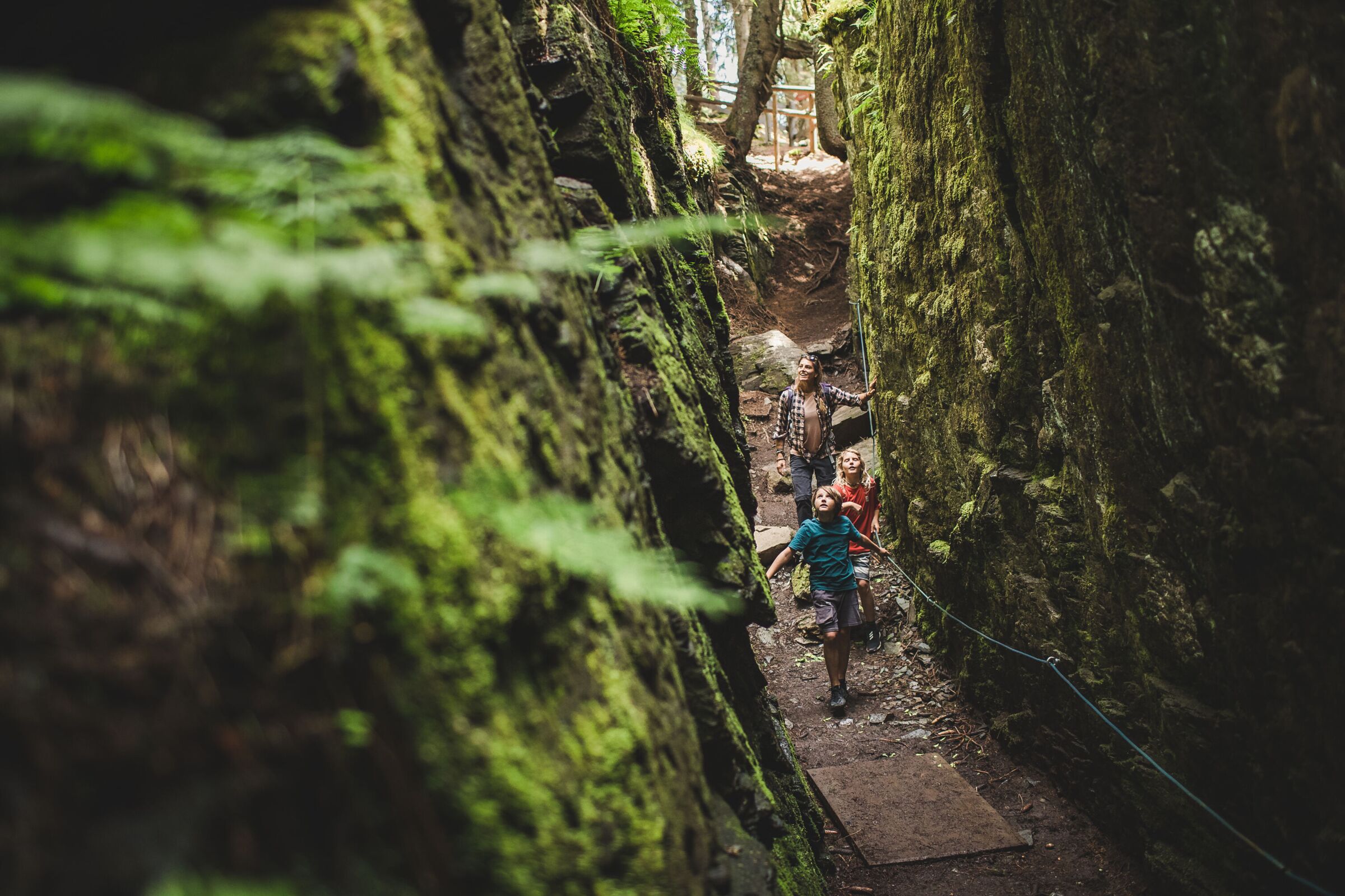 Eine Mutter mit zwei Kindern wandert durch eine bemooste Schlucht