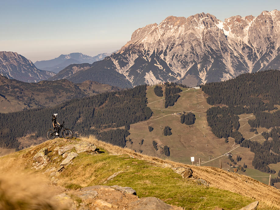 Ein Fahrradfahrer auf einem Fahrrad vor einer Alpen-Kulisse